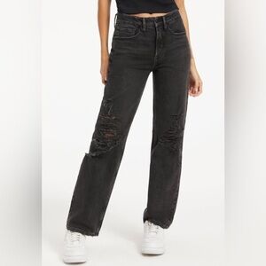 Good American Black Distressed Straight Leg Jeans